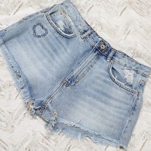 Zara High Waist Distressed Light Denim Shorts
